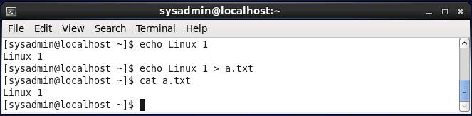 Redirecting STDOUT In the example below, the echo Linux 1 command is executed and the output appears on STDOUT. Then, the echo Linux 1 > a.