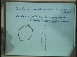 How will you check if it is two edge connected? Anyone? [Student: if we can suppose we have from one end point to the other point of an edge sir each vertex] For each vertex if we can find a cycle.