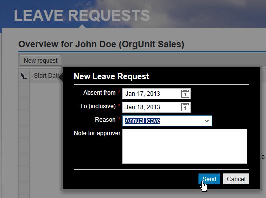 Enter some data for the new leave request and click on Send to save it.