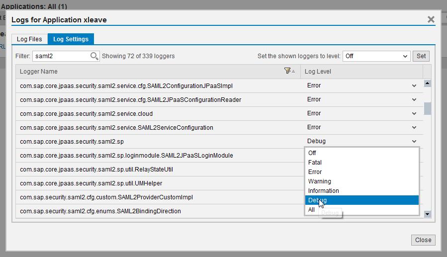 Figure 4 Debug level configuration for SAML2 in SAP NetWeave r Cloud Enter saml2 as a filter string to and search for the logger with name com.sap.core.jpaas.security.saml2.sp in the results.
