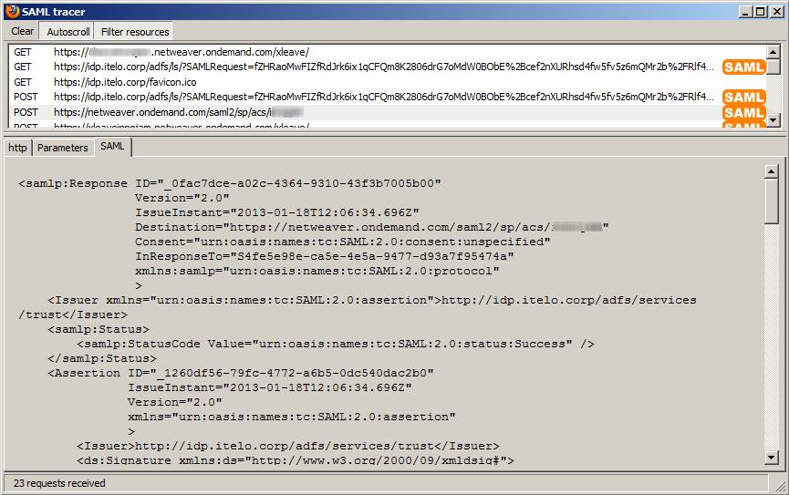 User Agent SAML Message Trace Having a closer look at the actual messages sent back and forth between the SP and IdP might also help to resolve interoperability issues in certain situations.