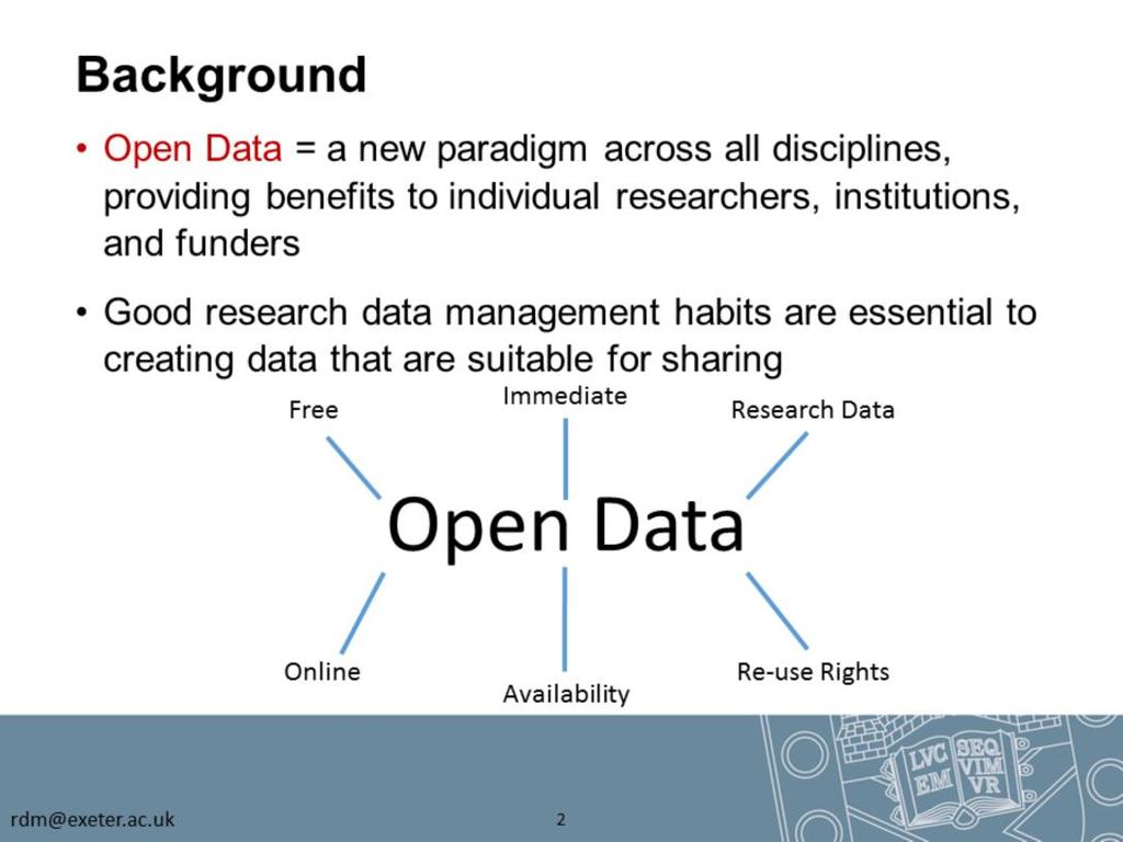 Open Data is a new paradigm in which research data are freely and openly shared, with full re-use rights.