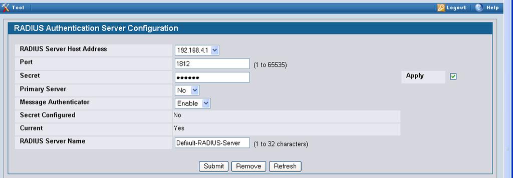 3. Click Submit. Additional fields appear on the RADIUS Authentication Server Configuration page. 4. Select the Apply check box and enter the word "secret" in the Secret field. 5. Click Submit. 4.3.2 Configure Discovery Configure WLAN Discovery parameters on Unified Switch1 and Unified Switch2.