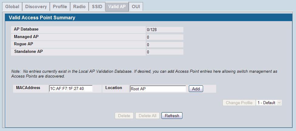 4. On the WLAN > Administration > Basic Setup > Valid AP page, enter the MAC address and