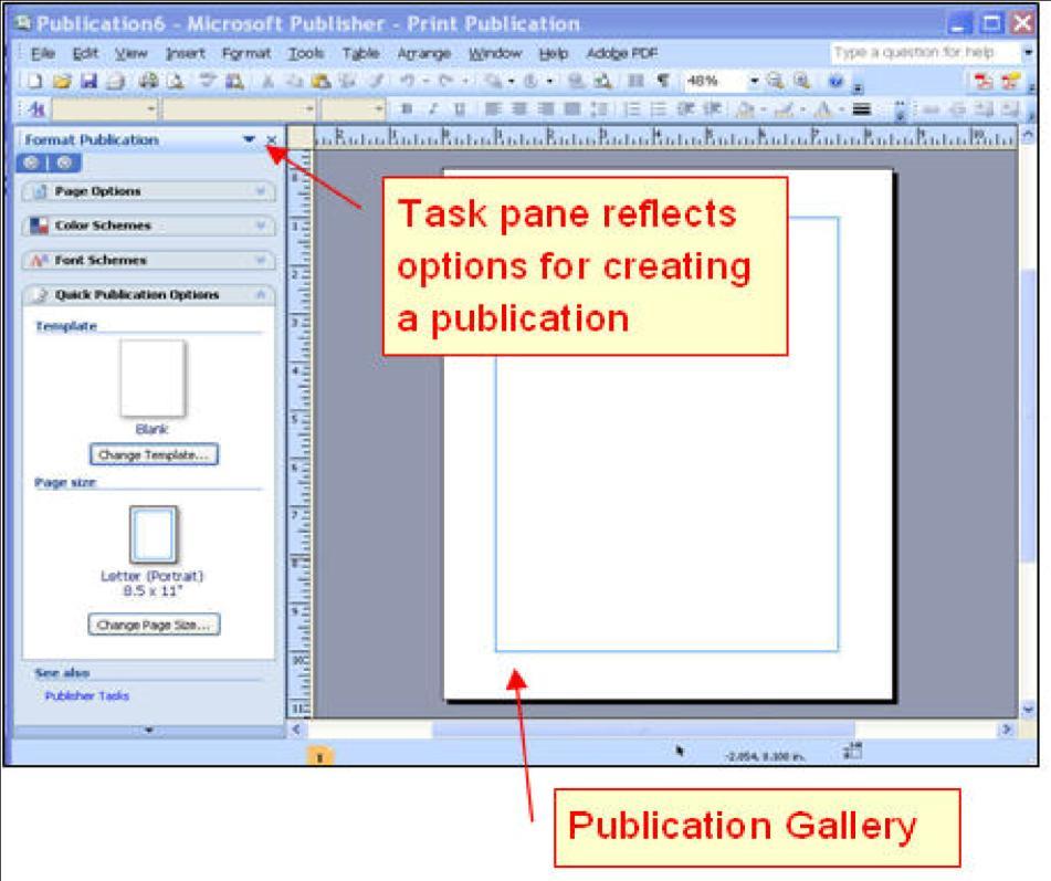 The Task Pane The task pane provides the fastest mechanism for opening new publications, displaying existing