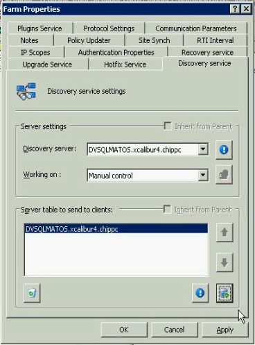 6) In the Discovery service settings tab page, click the Add Server to Table button and select the server to add to the table in the section Server table to send to clients, as illustrated.