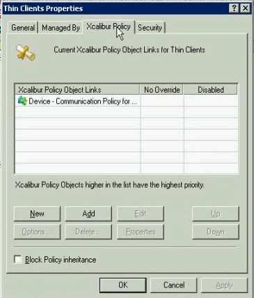3) In the Thin Clients Properties window click the Xcalibur Policy tab to display the Xcalibur Policy tab page, as illustrated.