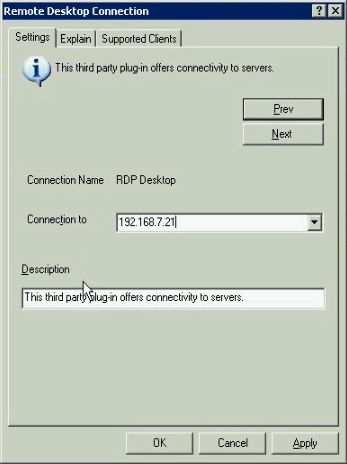 8) In the Remote Desktop Connection window, Settings tab page, enter the name or IP address of your RDP terminal server, as illustrated.