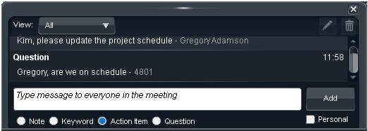 Sharing information notes keywords action items questions Figure 2: Minutes Window Note: After the conference ends, the meeting minutes are stored automatically in a meeting report.