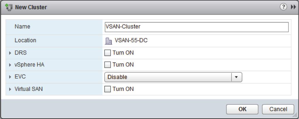3.1.3 Virtual SAN Cluster Creation Example After the host, storage and networking requirements are met, the creation of the VSAN cluster can commence.