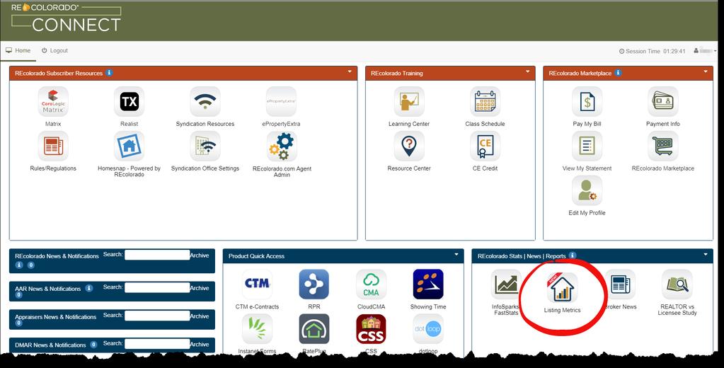 Access From the CONNECT dashboard, you ll see a button for Listing Metrics in the REcolorado Stats I News I Reports section: Clicking this button will take you to the dashboard for My REcolorado