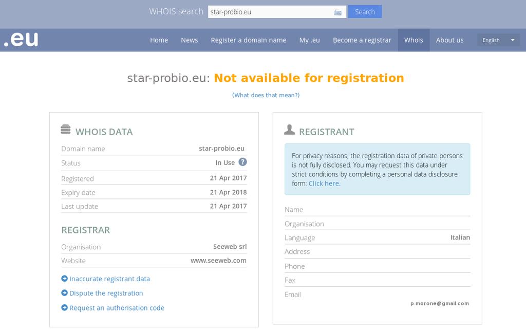 2 Registration data The STAR-ProBio website (www.star-probio.