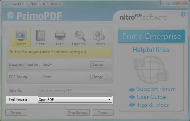 Post Process Actions PrimoPDF enables you to configure the default action triggered by a completed PDF conversion. To set automatic behavior: 1.