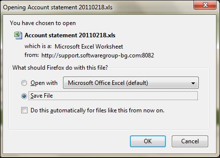Export to Excel opens a dialogue box with the following options: a) Open with will open the transactions report file with Excel (as a temporary file) OR b) Save file will save the transactions report
