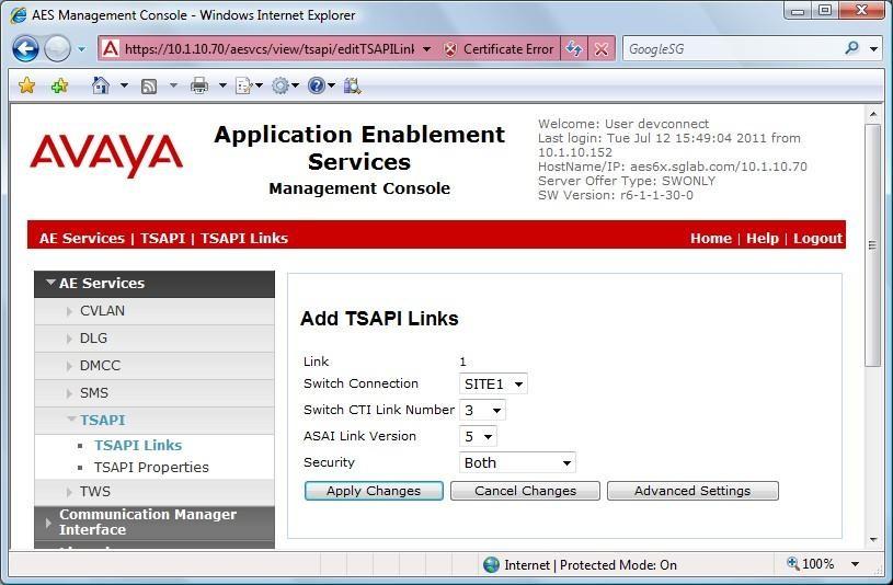 Step Description 2. In the Add TSAPI Links screen, select the following values: Link: Select an available Link number from 1 to 16. Switch Connection: Select the switch connection in Section 6.