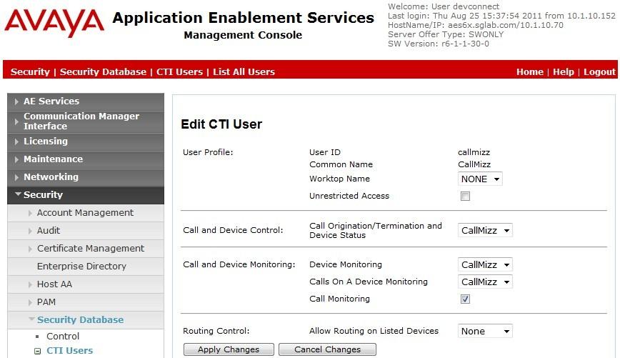 Step Description 2. In the Edit CTI User screen, select the following values: Call Origination/Termination and Device Status: Select the device group from Section 6.5.