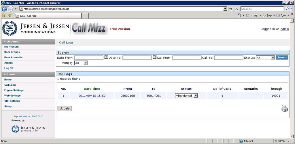 From the CallMizz web interface, select Call Logs from the left menu. Verify that the call information is displayed correctly. 9.
