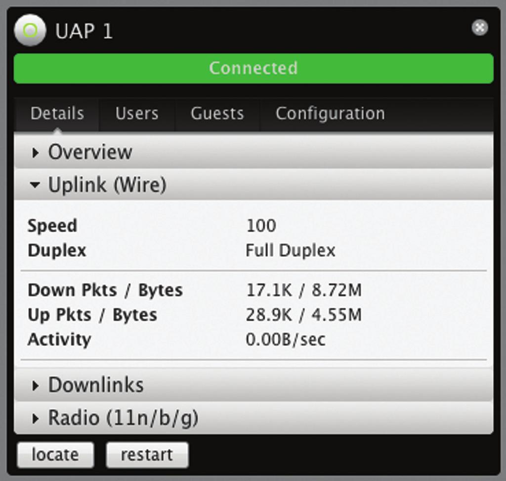Chapter 10: Access Point Details UniFi Access Points connect to the UniFi Controller software either by Ethernet, denoted as Connected or by a wireless connection, denoted as Connected (wireless).
