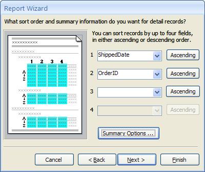 Sort and summarize records You can sort records by up to four fields, in either ascending or descending order. 1) Click the first drop-down list and choose a field on which to sort.