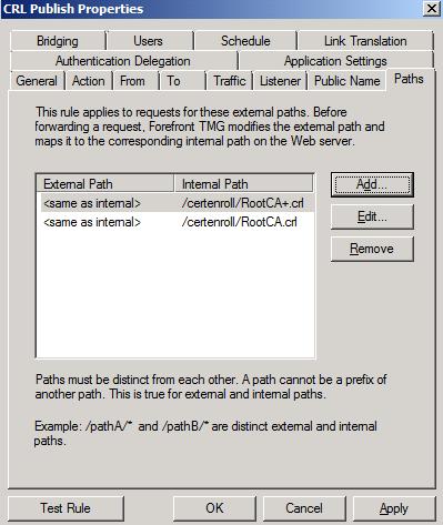 Figure 10: Restrict the path to the CRL Test the CRL download from an Internet client.