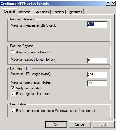 Figure 12: HTTP-filter URL length settings I also instructed Forefront TMG to block Windows executable content and allowed a