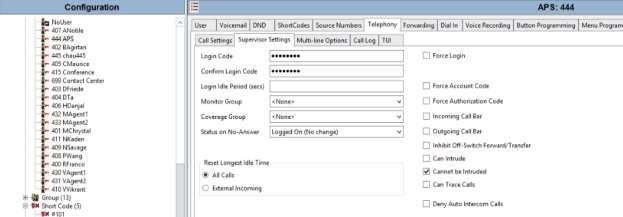 Select the Telephony tab. Then select the Supervisor Settings tab as shown below. The Login Code will be used by the Avaya SIP telephone user as the login password.