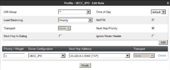 Using the default values shown, click on Add. 4. The Next-Hop Address window will open. Populate the following fields: Priority/Weight = 1 Server Configuration = UECC_IPO.