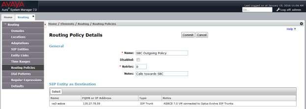 2 Configure Routing Policy for Avaya SBCE This Routing Policy is used for outbound calls to the service provider. Repeat the steps in Section 6.5.