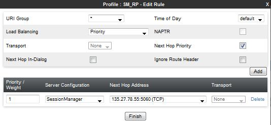 Server Configuration = SessionManager. Next Hop Address = Verify that the 135.27.78.55:5060 (TCP) entry from the drop down menu is selected (Session Manager IP address).