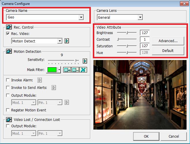 3.3 Changing Camera Names and Attributes You can give a new name for each camera and adjust camera attributes. 1. Click on the main screen, select System Configure and select Camera Configure.
