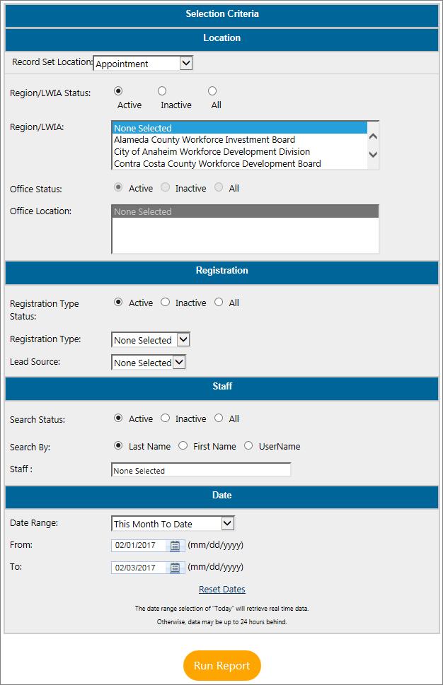 Selection Criteria Screen When staff selects desired criteria and clicks Run Report, Virtual OneStop will generate