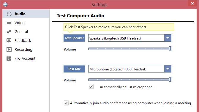 After clicking Settings, you have the following options: Audio: Test, select, and adjust your speakers and microphone. Video: Test and select your video camera.