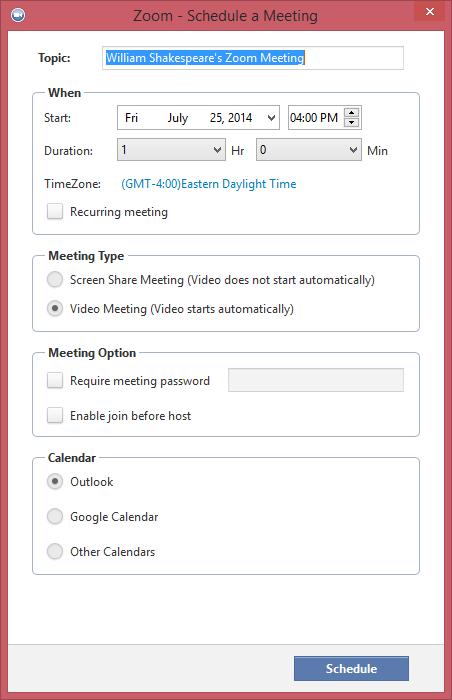 The topic will appear in your Meetings list and is also used for as the subject of the meeting invitation, so be sure to choose a meaningful name. When: Select a date and time for your meeting.