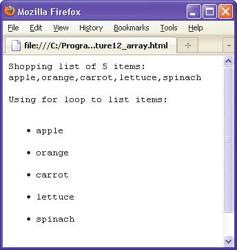 Array concat() and length 17 <html><body> <pre> <script type="text/javascript"> var fruits = new Array( "apple", "orange"); var veges = new Array( "carrot", "lettuce", "spinach"); var shopping =