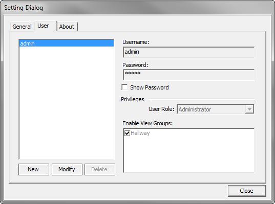 User Select the User tab in the Setting Dialog window. In this section, the administrator can add several Operators and Viewers.