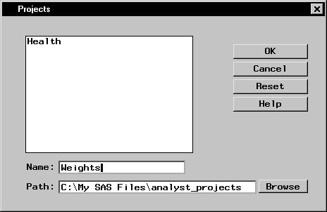 Renaming a Folder 57 Figure 3.2. Projects Dialog Type the name of the new project in the Name: field. Click on the Browse button to search for a directory in which to save the project.