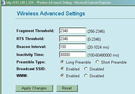 Advanced Settings Click Setup button to enter the Wireless Advanced Settings page.