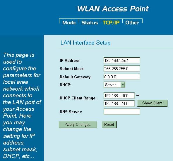 TCP/IP LAN Interface Setup IP Address Default: 19