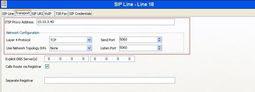 Select the Transport tab and set the following: Set ITSP Proxy Address to the inside IP address of the Avaya SBCE as shown in Figure 1 Set