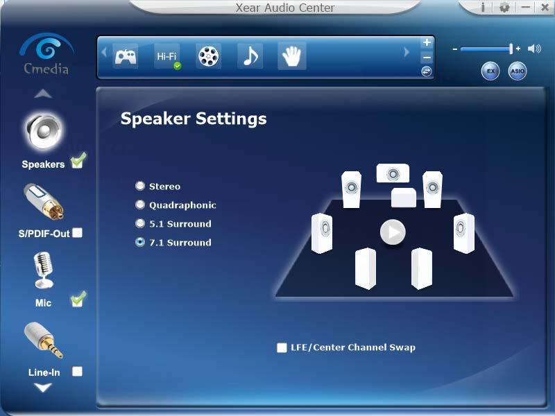 SD-PEX63081 11 9. Right click the Speakers Icon and select Speaker Settings. This will allow you to set the speaker settings from four options: Stereo, Quadraphonic, 5.