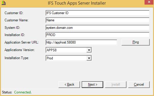 On the first page provide information about the SQL Server database used by the IFS Touch Apps Server.