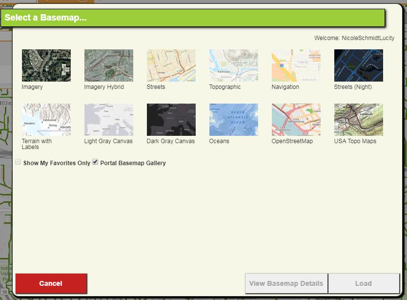 Lucity Base Map Gallery Configuration If Show Portal Basemap Gallery is selected, the portal Basemap gallery which has been configured in the maps tab of the Organization settings in portal will be