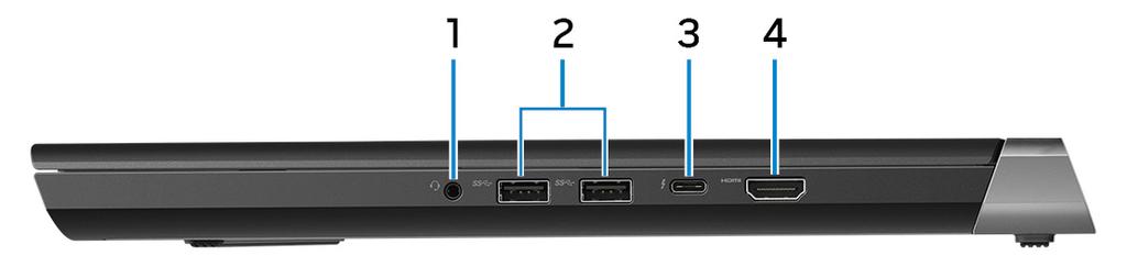 Right 1 Headset port Connect headphones or a headset (headphone and microphone combo). 2 USB 3.1 Gen 1 ports (2) Connect peripherals such as external storage devices and printers.