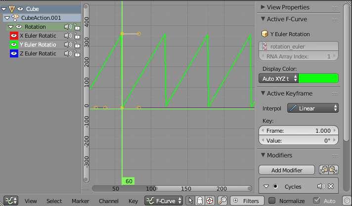 378 APPENDIX B. BLENDER rotation. If you click the playback button starting in frame 0, you will notice that the rotation starts out slow, speeds up, then slows down again at the end.