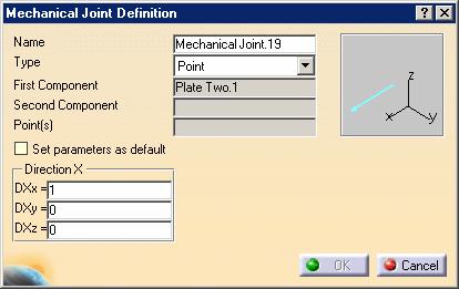 2. Select the Plate Two assembly component as the first element that will be used to create the mechanical joint. The Mechanical Joint Definition dialog box appears. 3.