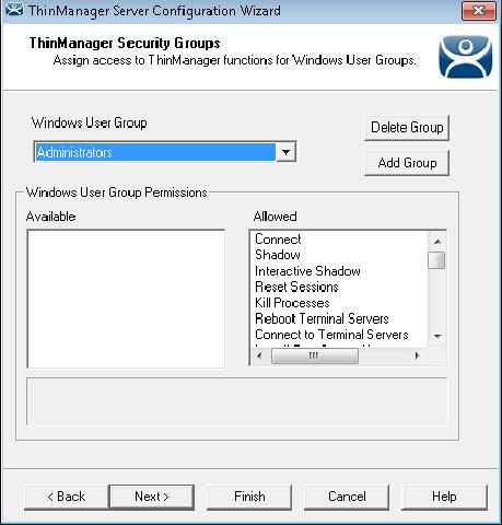 24 ThinManager Security 24.1 ThinManager Security Groups Access to ThinManager can be assigned to Windows User Groups on the ThinManager Security Groups page.