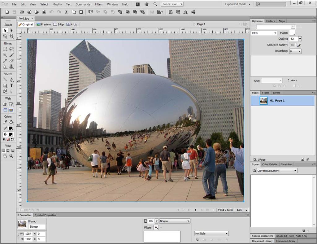 Overview of Adobe Fireworks CS6 Lesson topics: Work with the Adobe Fireworks CS6 workspace: tools, Document windows, menus, and panels. Customize the workspace. Change the magnification of a document.