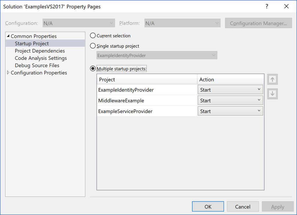 Figure 1 Startup Projects Example Identity Provider The ExampleIdentityProvider project is an ASP.NET Core web application based off the Visual Studio template.
