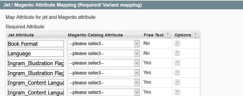10. In the Magento Catalog Attribute column, select the required Magento attribute to map it with the corresponding Jet attribute. 11.