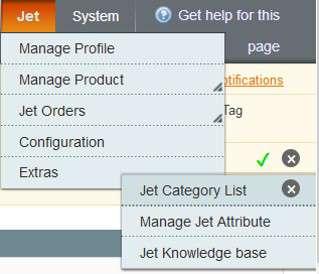 7.1. Jet Category List To view the Jet Category list and the corresponding attribute details 1. Go to the Magento Admin panel. 2. On the top navigation bar, click the Jet menu. 3.